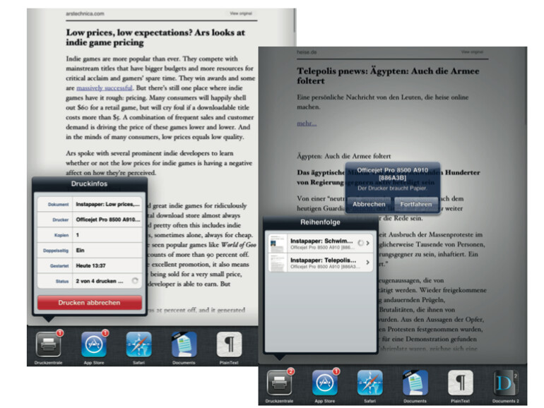 Via Push-Benachrichtigungen informiert die Druckzentrale über den Füllstand der Tintentanks und zur Neige gehenden Papiervorrat