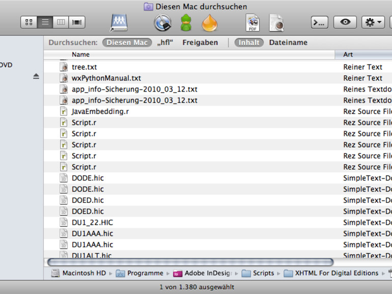 Die Finder-Suche nach dem Begriff „Java“ listet nur normale Dokumente auf