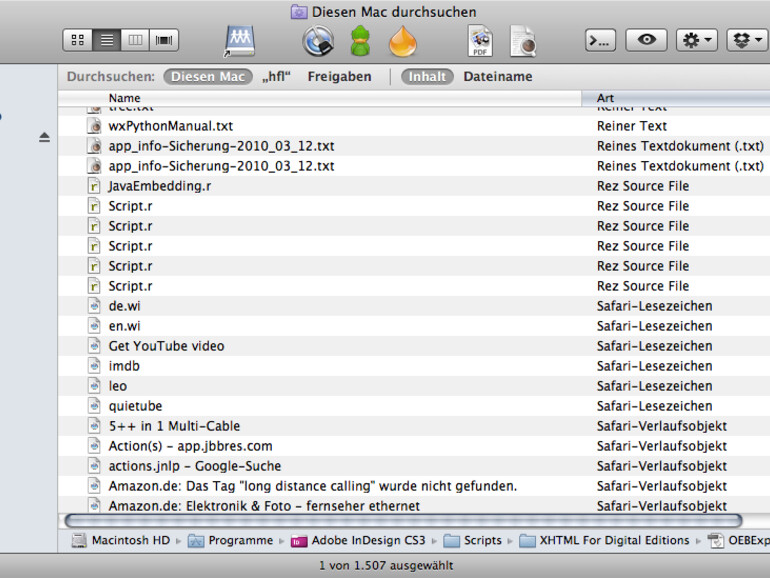 Die Spotlightsuche nach dem gleichen Begriff zeigt auch Treffer in den Lesezeichen von Safari, E-Mails, Kontakte und Adressen an