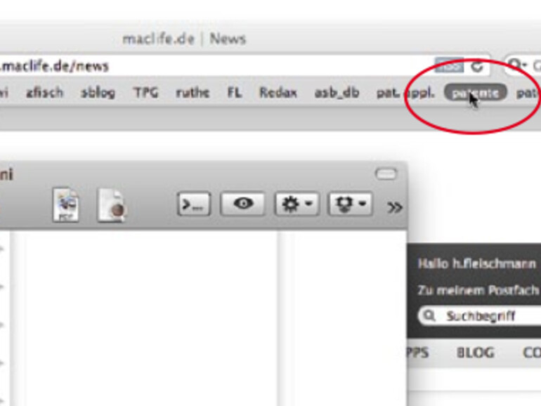 Obgleich sich das Finder-Fenster im Vordergrund befindet, öffnet ein [cmd]-Klick auf das Lesezeichen im dahinterliegenden Safari-Fenster die entsprechende Webseite