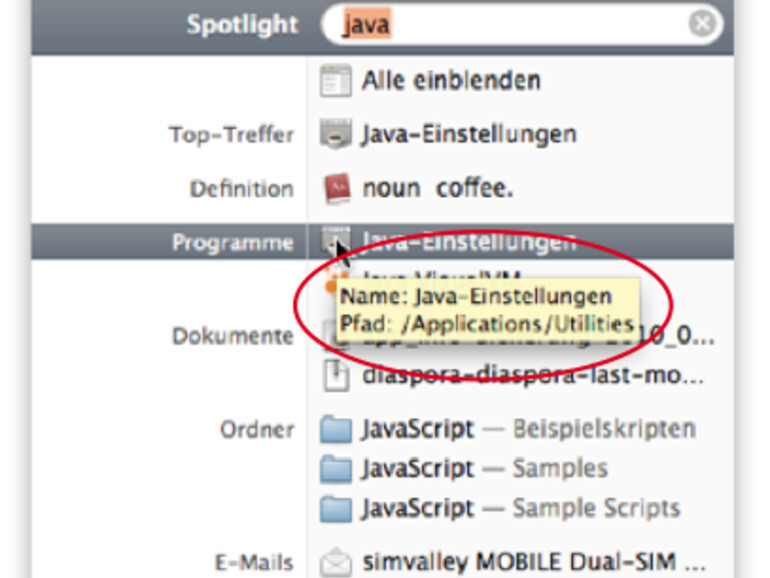 Spotlight zeigt den vollständigen Dateipfad an, wenn der Mauszeiger kurze Zeit über einem Suchergebnis stillgehalten wird