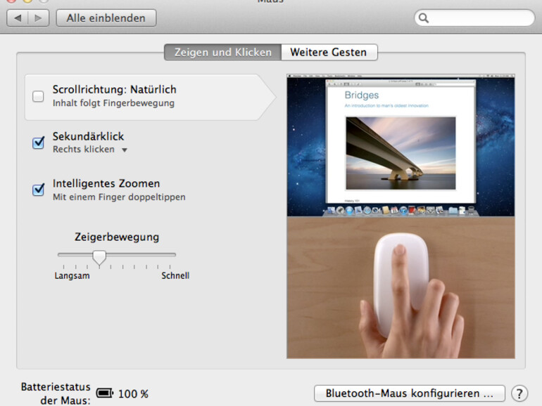 Wer eine Magic Mouse nutzt, entfernt zum Umkehren der Scrollrichtung einfach den Haken vor dem Eintrag „Scrollrichtung: Natürlich“.