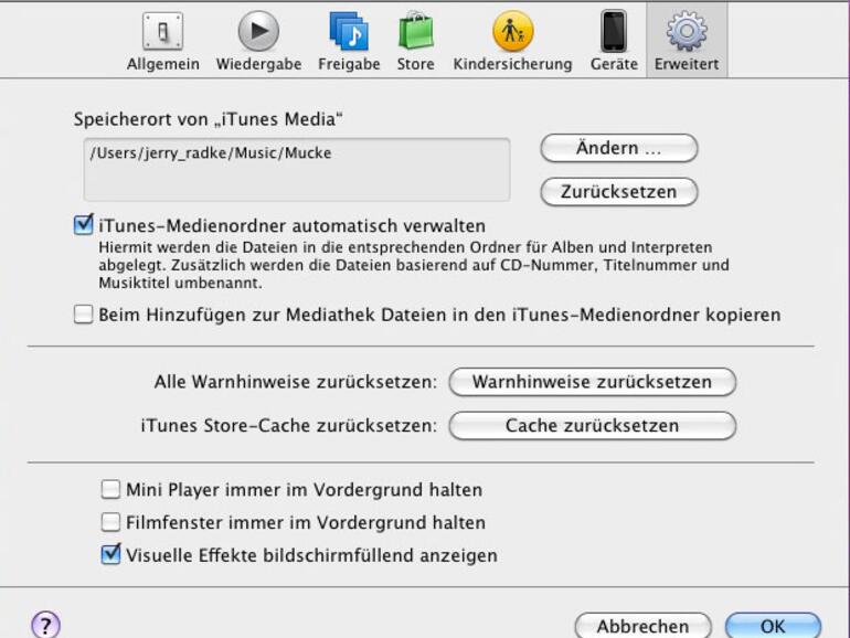 In den Einstellungen legen Sie fest, wo iTunes Media-Daten speichert