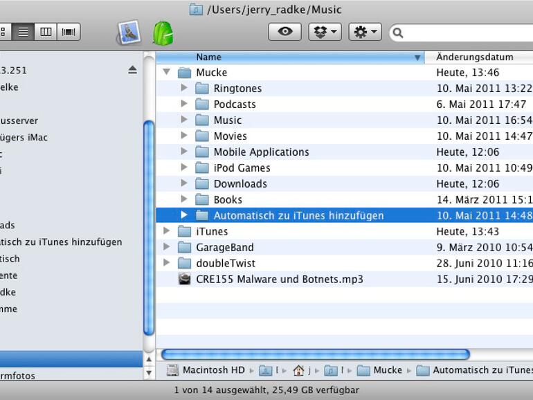 Den Ordner Automatisch zu iTunes hinzufügen fragt iTunes regelmäßig ab und verleibt sich alles ein, was es dort findet – sofern es in einem iTunes-kompatiblen Format vorliegt