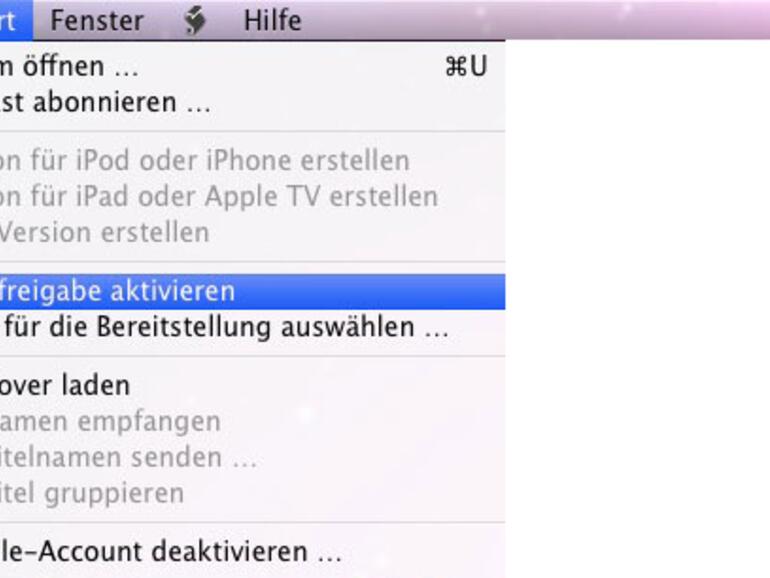 Damit andere auf die iTunes-Mediathek zugreifen können, muss zunächst die Privatfreigabe aktiviert werden