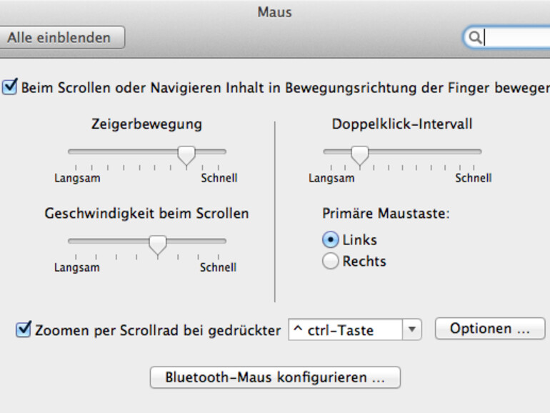Ist keine Magic Mouse angeschlossen, sieht das entsprechende Fenster etwas anders aus: Wählen Sie hier einfach den Punkt „Beim Scrollen oder Navigieren in Bewegungsrichtung der Finger bewegen“ ab.