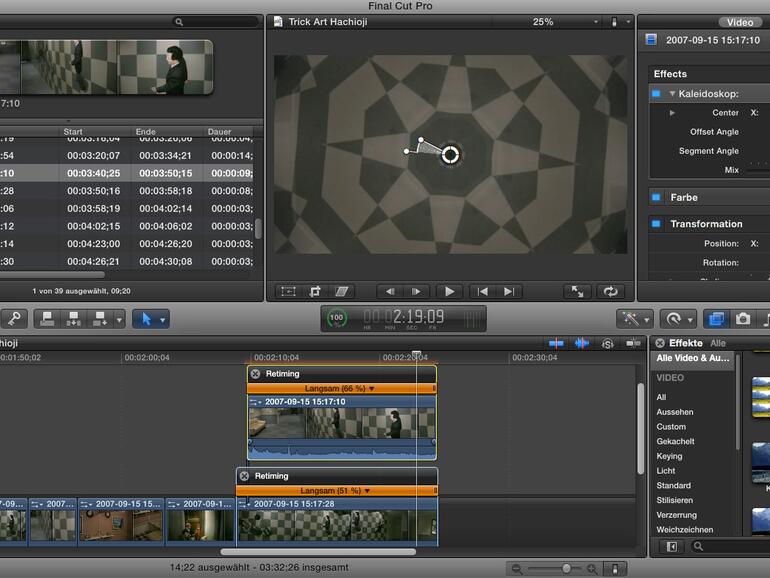 Die Timeline nimmt eine zentralere Rolle bei der Bearbeitung ein: Hier werden zwei Clips verlangsamt