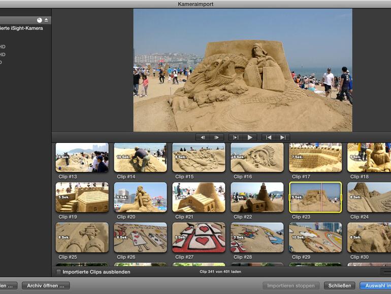 Der Import-Dialog ist für Speicherkarten, Webcams, Kameras mit mit Videobändern und Kameraarchiven zuständig