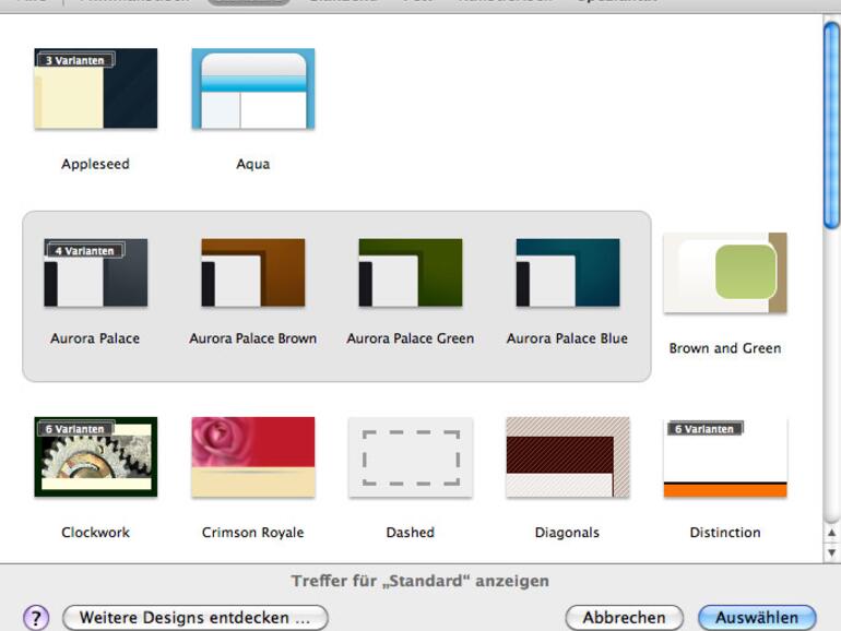 Die unterschiedlichen Designvarianten werden ähnlich wie in Apple Aperture gestapelt angezeigt