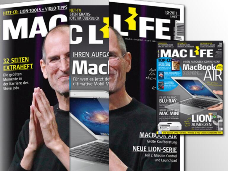 <strong>Mac Life 10|2011:</strong> Mit dem aufwendigen Klappcover konnte die Redaktion Steve Jobs standesgemäß auf der Front der aktuellen Ausgabe platzieren, dahinter „versteckt“ sich der reguläre Titel. Jedem Exemplar der Mac Life 10|