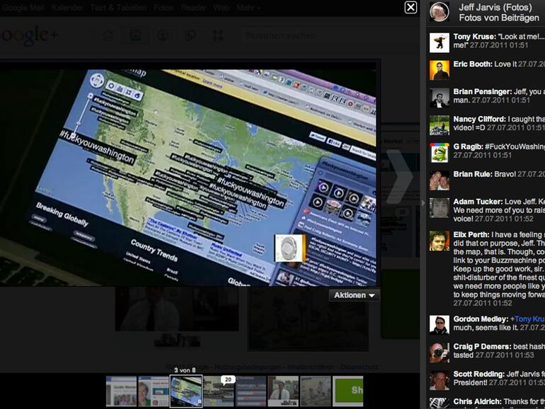 Fotos werden in einer Lightbox dargestellt. Die Kommentare stehen übersichtlich auf der rechten Seite