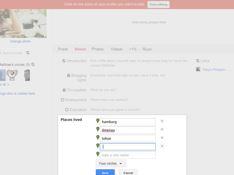 Die Voreinstellungen für das Profil sind sinnvoll gewählt. Nur Einträge, die mit der Weltkugel markiert sind, sind öffentlich