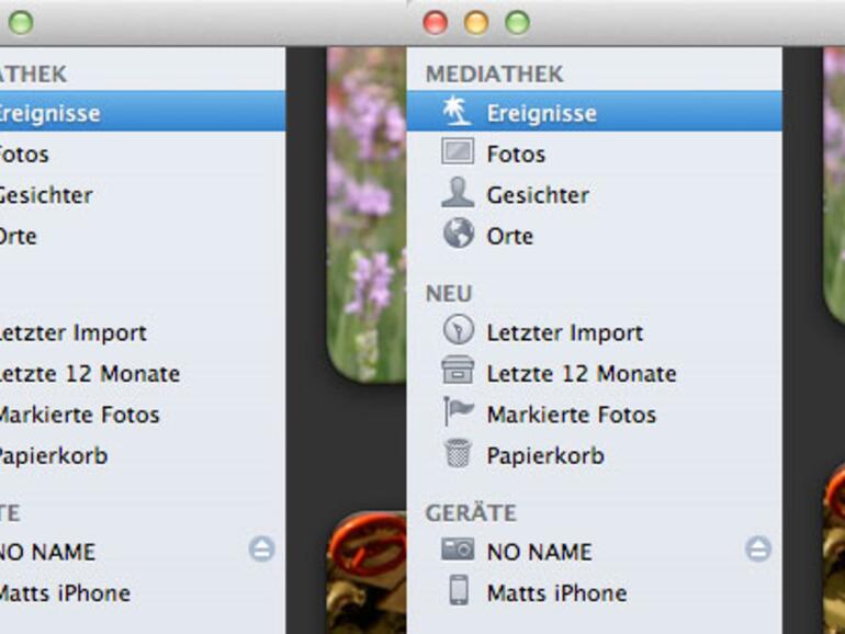 Seitenleiste von iPhoto 9.1.5: einmal mit Schwarz/Weiß- und einmal mit Farb-Icons