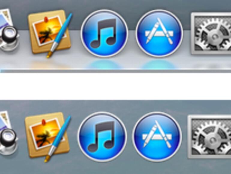 <b>OS-X-Dock:</b> Oben vor dem Mirage-Hack, unten nach dem Ausführen der Anwendung