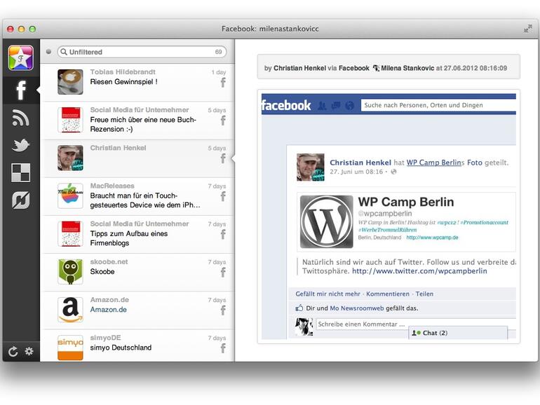 Favs vereint Delicious, Dribbble, Facebook, Flattr, Flickr, GitHub, Google Reader, Instagram, Pinboard, StackOverflow, Twitter, Vimeo, YouTube und Zootool.