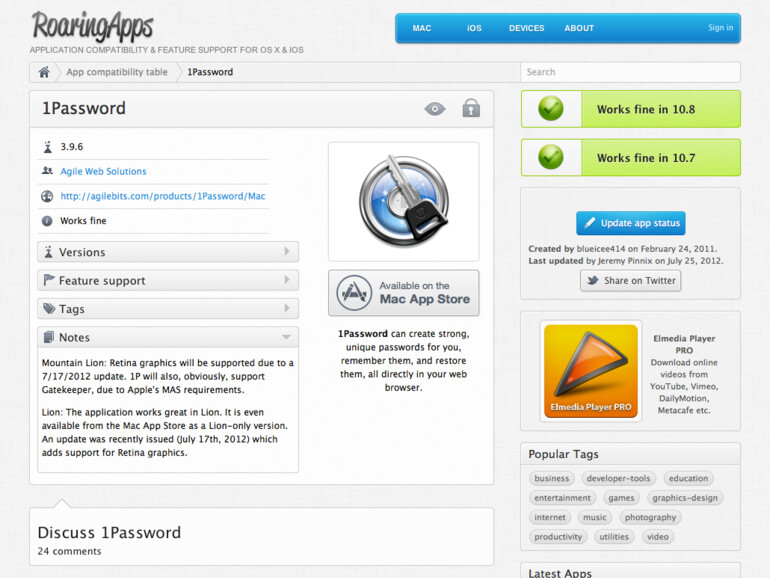 Auf den Unterseiten zu den einzelnen Programmen wird per Ampelsystem Rot/Grün angezeigt, ob die App kompatibel mit 10.8 ist. Dazu gibt es zahlreiche Infos, wie beispielsweise über Retina-Support und so weiter.