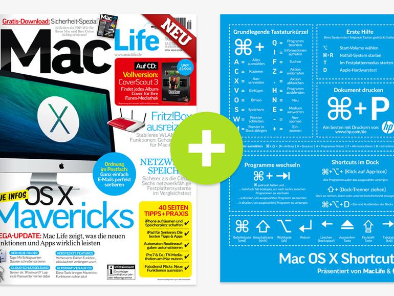 <strong>EXKLUSIV</strong> Die Mac-Life-Ausgabe 09/13 erhält eine hochwertige Karte mit den wichtigsten OS-X-Tastenkürzeln