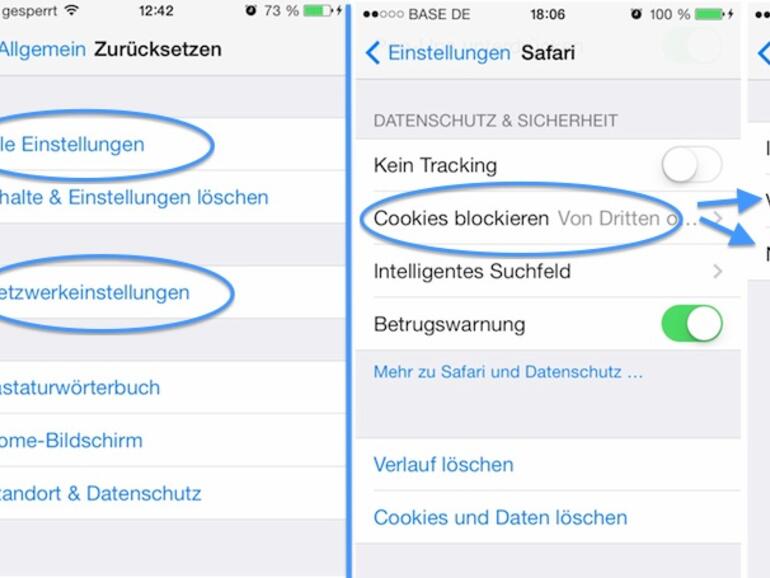 Links die beiden Möglichkeiten eines Resets: Entweder man setzt &amp;quot;Alle Einstellungen&amp;quot; zurück. Oder man versucht es Alternativ erst einmal mit dem Freigeben der Cookies (Bild rechts) und wählt statt &amp;quot;Nie&amp;quot; dann &amp;quot;Immer&amp;quot; oder v
