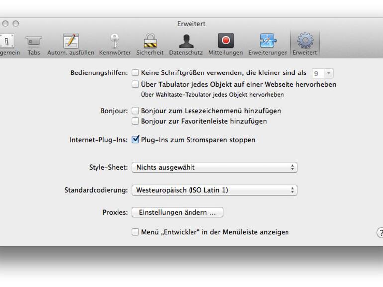 Die Funktion „Plug-ins zum Stromsparen stoppen“ können Sie in den Safari-Einstellungen auf Wunsch auch deaktivieren.