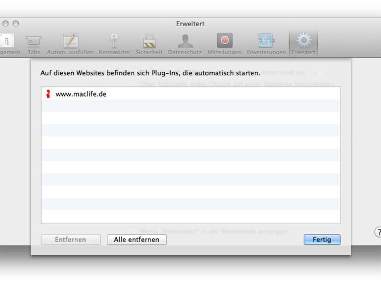 Eine Whitelist zeigt in Safari an, auf welchen Internetseiten Plug-ins in Safari automatisch gestartet werden.
