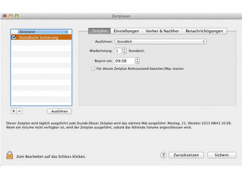 Mithilfe des Zeit- planers stellen Sie den automatischen Ablauf aller Backups ein.