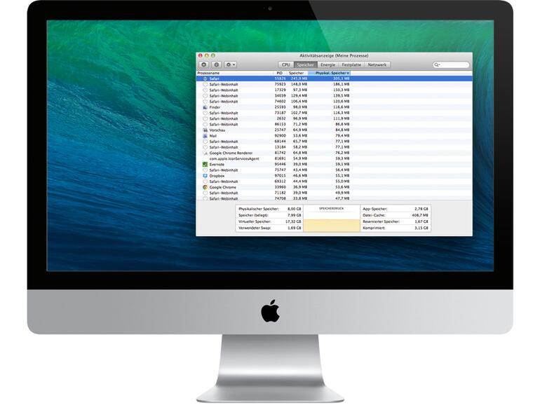 Die Aktivitätsanzeige, zu finden im Ordner „Dienstprogramme“ im Programm-Verzeichnis, verrät den aktuellen Speicherbedarf der laufenden Apps.