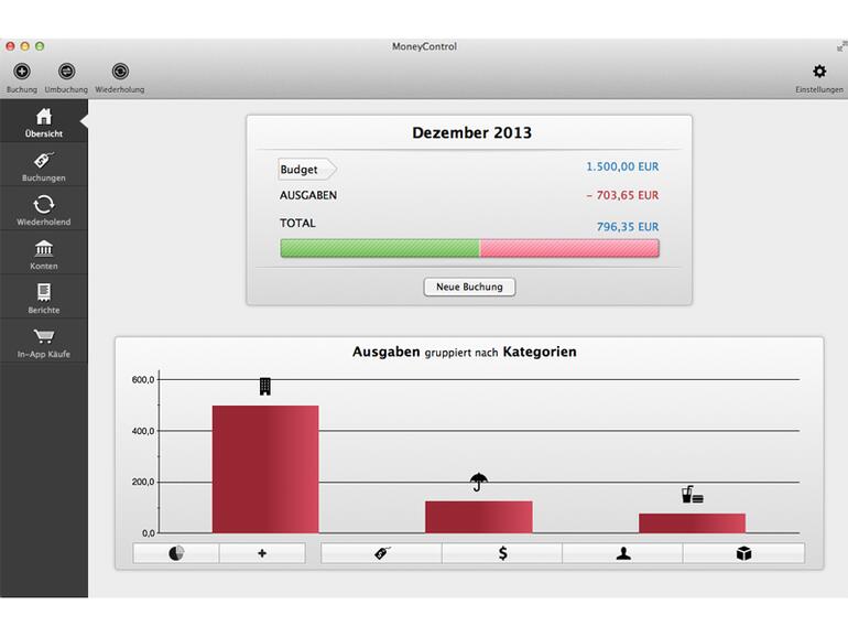 Eine moderne Variante des klassischen Haushaltsbuchs ist MoneyControl. Die Oberfläche ist frisch. Wer seine Belege regelmäßig eingibt, erhält lückenlos Aufschluss über den Verbleib seines Gelds.