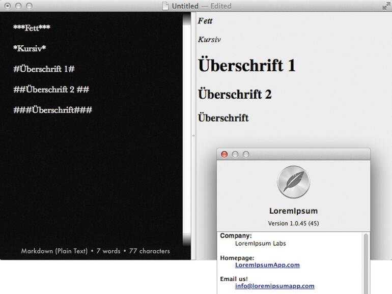 LoremIpsum 1.0 ist ein kleiner aber feiner Markdown-Texeditor.