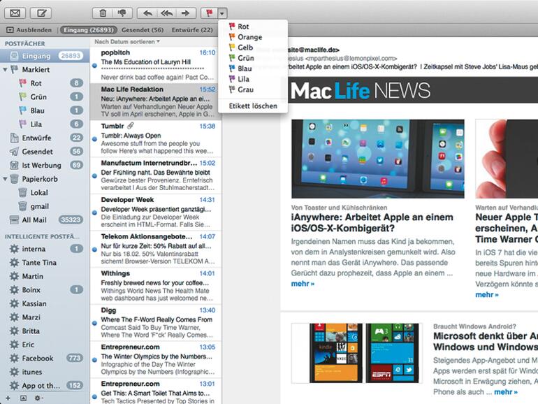 In Mail sorgen Etiketten und sogenannte intelligente Ordner für mehr Übersicht.