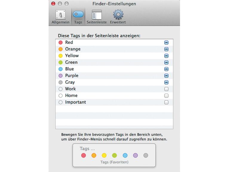 Mit 10.9 gibt es im Finder statt Etiketten nun Tags. Frei gewählt lassen sie sich gegebenenfalls ausblenden.