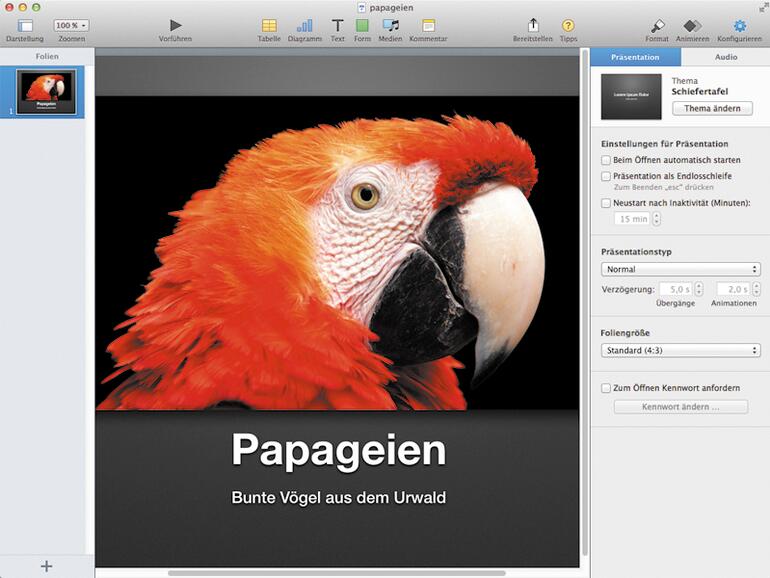 Die Benutzeroberfläche von Keynote 6 ist gut strukturiert.