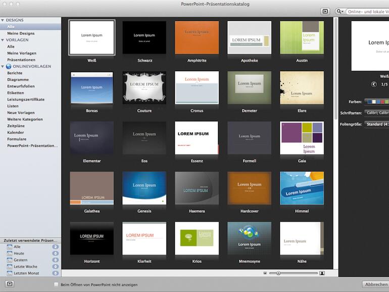 PowerPoint 2011 ermöglicht den Zugriff auf unzählige Vorlagen und Funktionen.