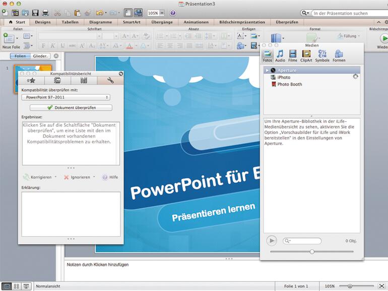 Die Benutzeroberfläche von PowerPoint 2011 ist ziemlich überfrachtet.