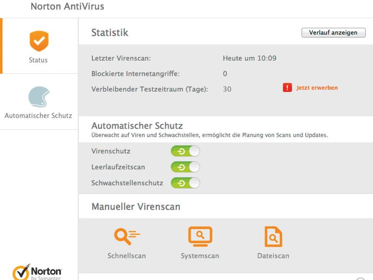 Die Benutzeroberfläche von Norton Antivirus.