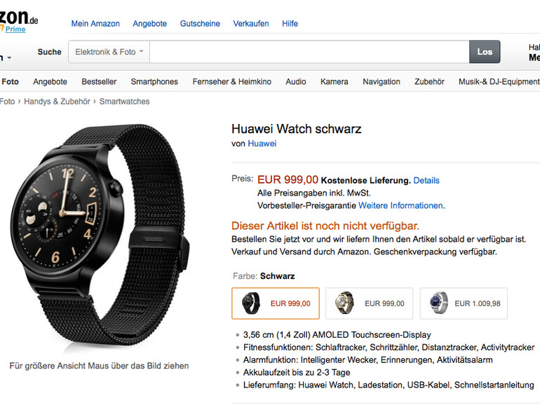 Die 1.000-Euro Huawei Watch kann ab sofort auf Amazon.de vorbestellt werden