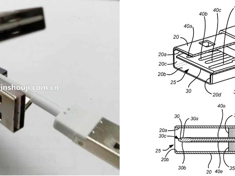 Links die Stecker vom chinesischen Zulieferer, rechts die Zeichnung aus dem Apple-Patent.