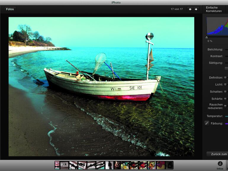 Im Bereich Anpassen können Sie manuell Einfluss nehmen auf die Verteilung von Licht und Schatten. Experimentieren Sie mit den Reglern herum. Ein wenig mehr Kontast genügt meistens schon.