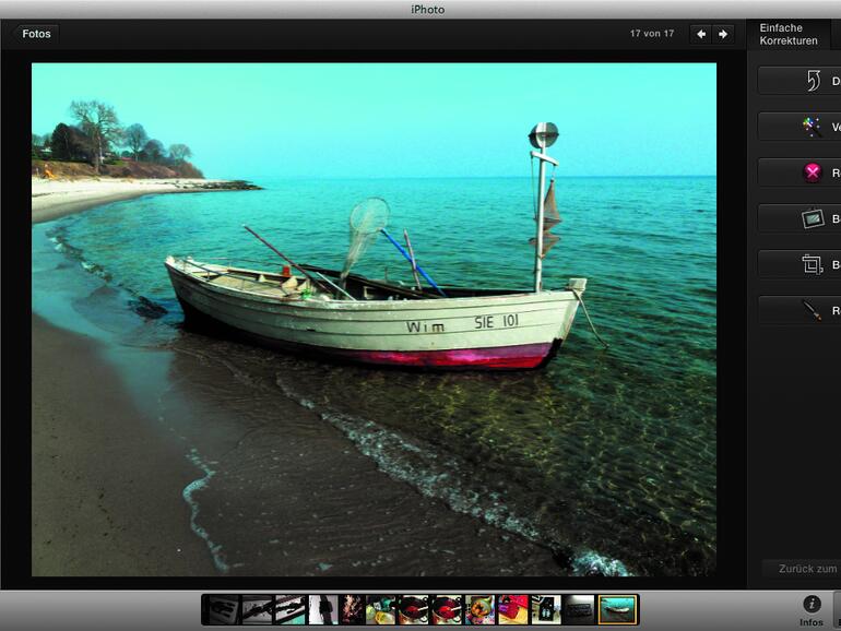 Das Boot eines Fischers liegt am Strand. Dieses Bild ist unser Ausgangspunkt. Das vorliegende Bild entstand mit einer Kompaktkamera am frühen Nachmittag bei strahlendem Sonnenlicht.