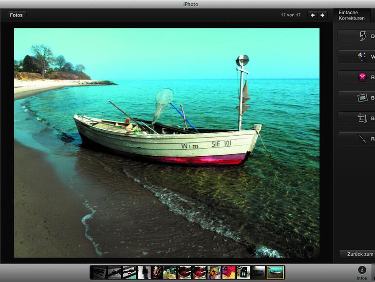 iPhoto kennt die wesentlichen Probleme von Schnappschüssen mit der Digitalkamera und bietet mit der Taste Verbessern eine Art „Hübschtaste“ für die Optimierung an. Das reicht meistens schon aus.