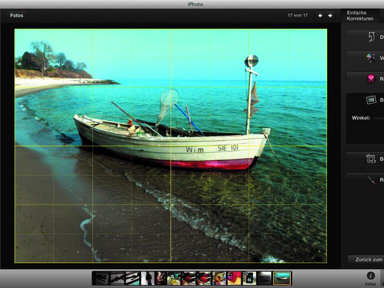 Aus freier Hand halten nicht einmal Profis die Kamera gerade. Daher gibt es den Bereich Begradigen. Auf einer Skala gleichen Sie den Bild-Horizont an ein Raster an. Minimale Änderungen sieht man.