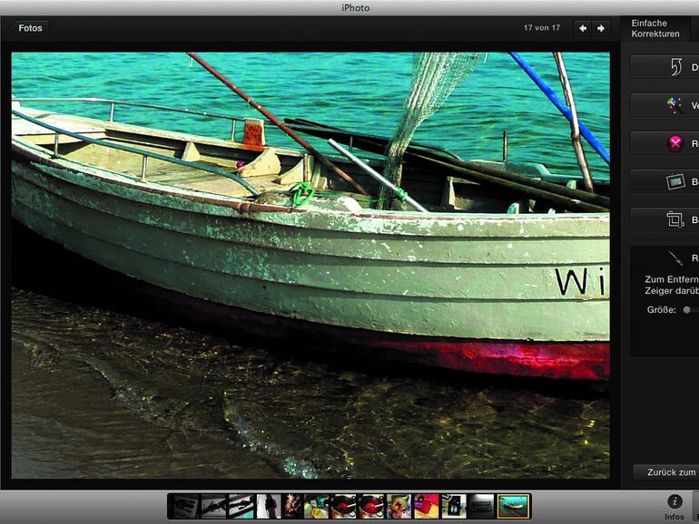 Unter Retuschieren lassen sich Bild-Fehler mit einem Malpinsel entfernen. Dazu ist es nötig, den Bildausschnitt zu vergrößern und die Pinselspitze anzupassen. Wir übermalen einen Lackschaden.
