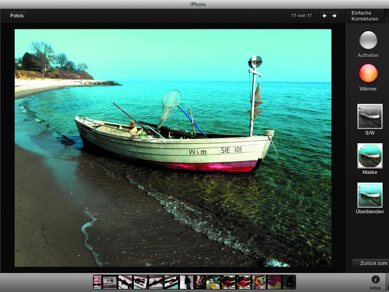 Wer sich kreativ an seinem Bild austoben möchte, kann im Bereich Effekte vorbereitete Filter wählen. Die mitgelieferten Filter ermöglichen zum Beispiel das Aussehen einer alten vergilbten Postkarte.