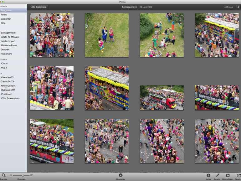 Ereignisse: iPhoto fasst Bilder, die zeitlich und räumlich in einer Beziehung stehen, automatisch zu Ereignissen zusammen. Wenn nötig, lassen sich Ereignisse zusammenführen und bearbeiten.
