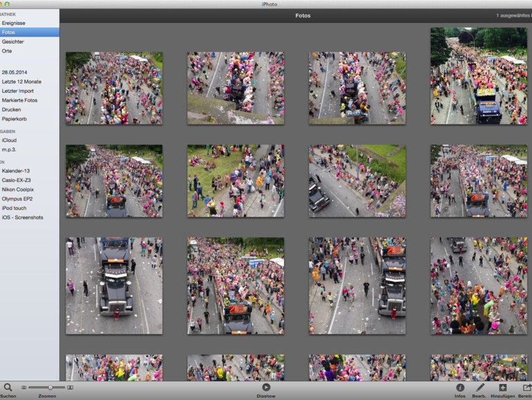 Fotos: Über Fotos sind alle Bilder in verkleinerter Ansicht zu sehen. Bilder assen sich per USB-Kabel direkt aus einer Kamera auslesen oder über den Fotostream vom iPhone übernehmen.