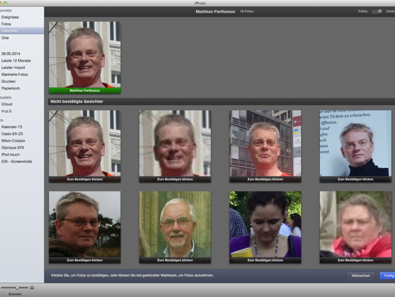 Gesichter: Halbautomatisch findet iPhoto in allen Bildern gleiche Gesichtszüge und erleichtert die Zuordnung von Gesichtern zu Menschen. Durch den Gebrauch verbessert sich die Trefferquote.