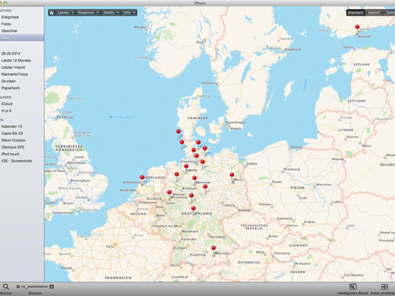 Orte: Viele Bilder sind inzwischen mit Ortsinformationen versehen. iPhoto erkennt GPS-Informationen und stellt die Bilder als Stecknadeln auf die Landkarte von OpenStreetMap.