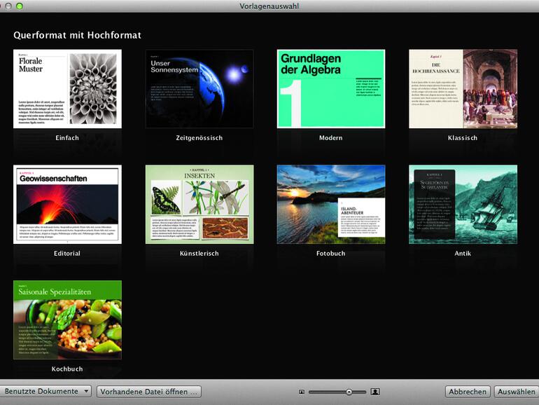 1. Mit Ablage &gt; Neu erstellen Sie ein neues iBooks-Projekt. Die mitgelieferten Themen sind jeweils in Hochformat und Querformat mit Hochformat unterteilt.