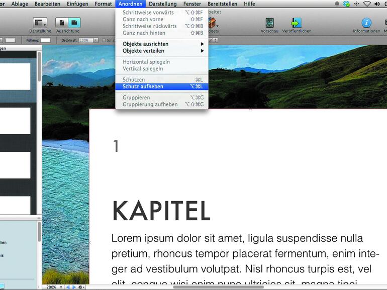 3. Sie können nun alle Elemente des Layouts bearbeiten. Erscheint in den Objektecken ein „X“, müssen Sie das Objekt erst mit Anordnen &gt; Schutz aufheben freigeben.