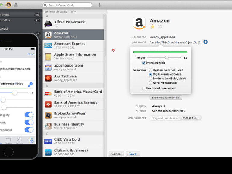Der Passwort-Manager 1Password arbeitet mit TouchID.