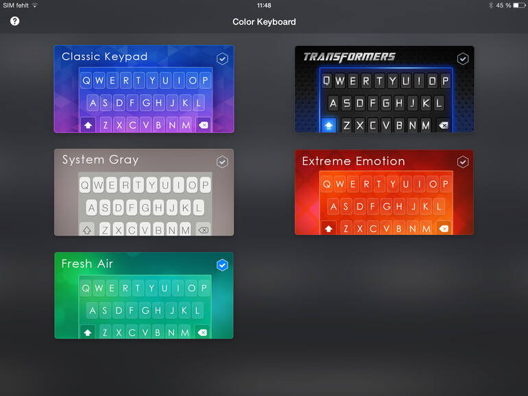 Leider gibt es in der App ColorKeyboard nur fünf Themen zur Auswahl.